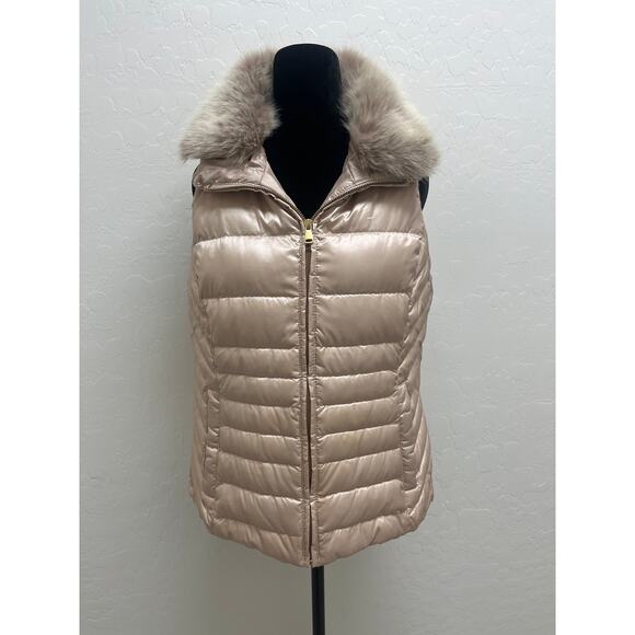 Talbots Gold Down Puffer Quilted Vest Removable Faux Fur Collar Preppy Lux Layer - Picture 1 of 7